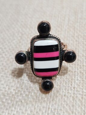 Women's Black Onyx & Pink Turquoise Striped Statement Ring